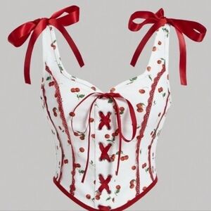 SHEIN MOD Cherry Printed Red Lace up Cami Top Corset Coquette Rockabilly